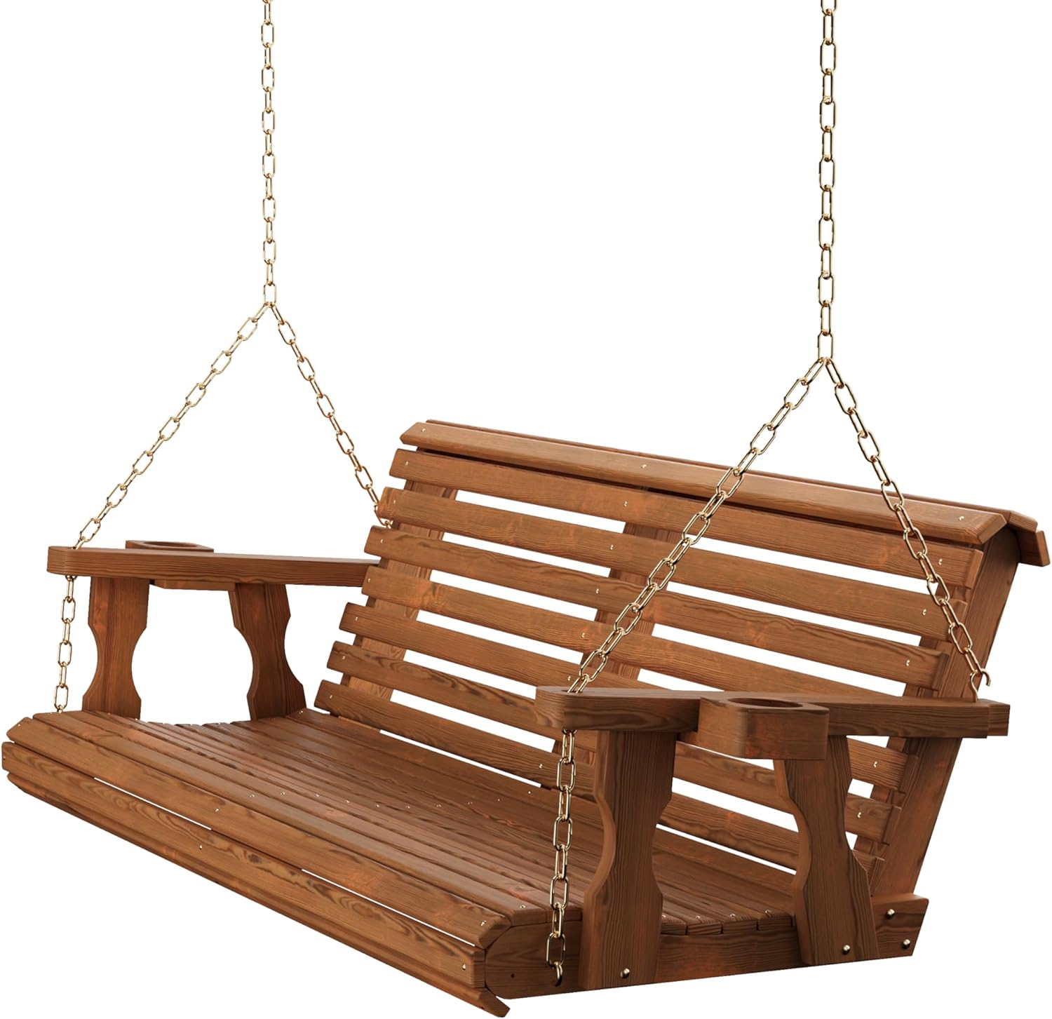 Amish Casual Heavy Duty 700 Lb Capacity Porch Swing with Cup Holders (5 Foot, Oak Stain) – Wooden Outdoor Roll Back Swing with Hanging Chains – Amish Made in the USA