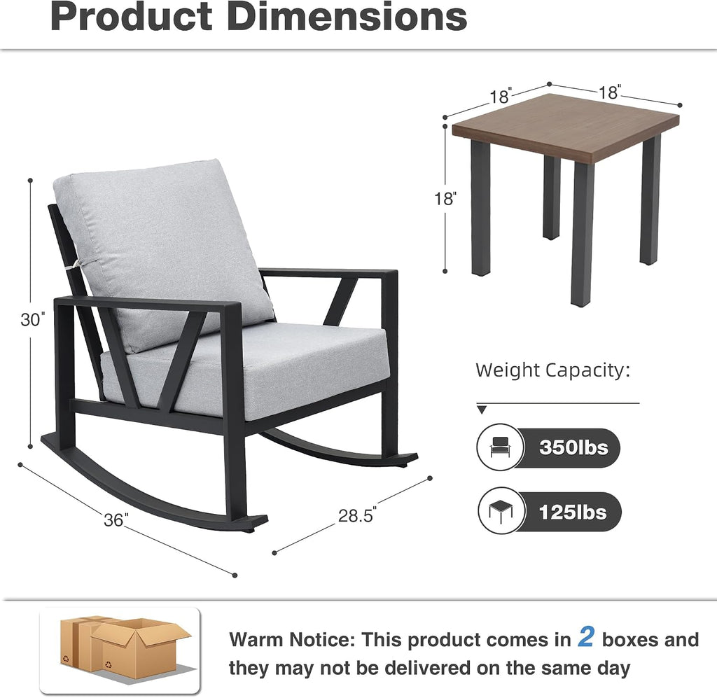 Outdoor Patio Rocking Chairs Set of 2, 3 Pieces Patio Porch Furniture Set with 6' Thick Cushions, Outdoor Bistro Set with Coffee Table, Light Grey