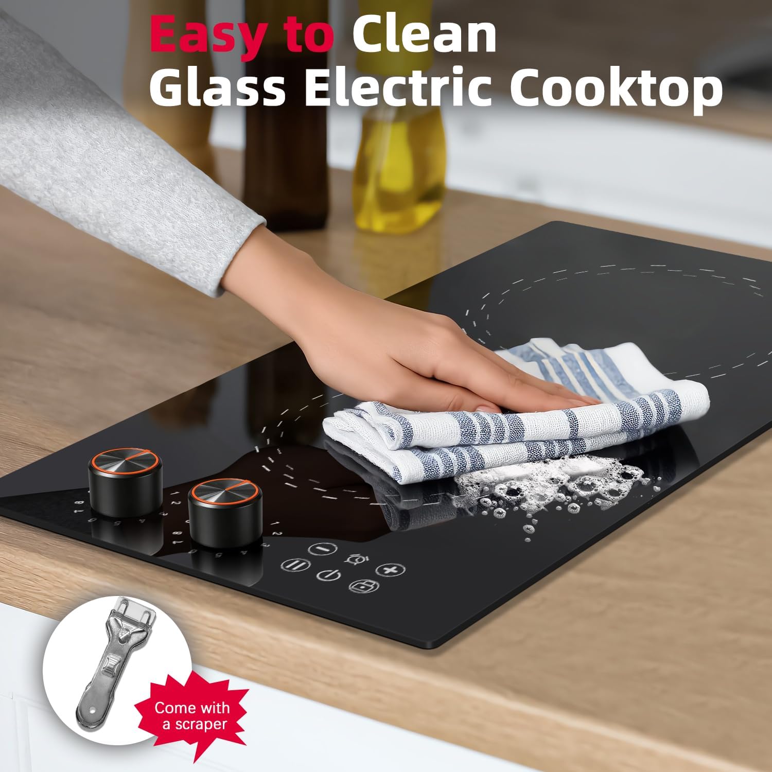 2 Burner Electric Cooktop 110v Hobsir, 2000W Electric Stove Top Burner 12 Inch, 9 Power Levels, Knob & Touch Control, Plug in Cooktop 120v, 99 Mins Timer, Safety Lock, Automatic shutdown
