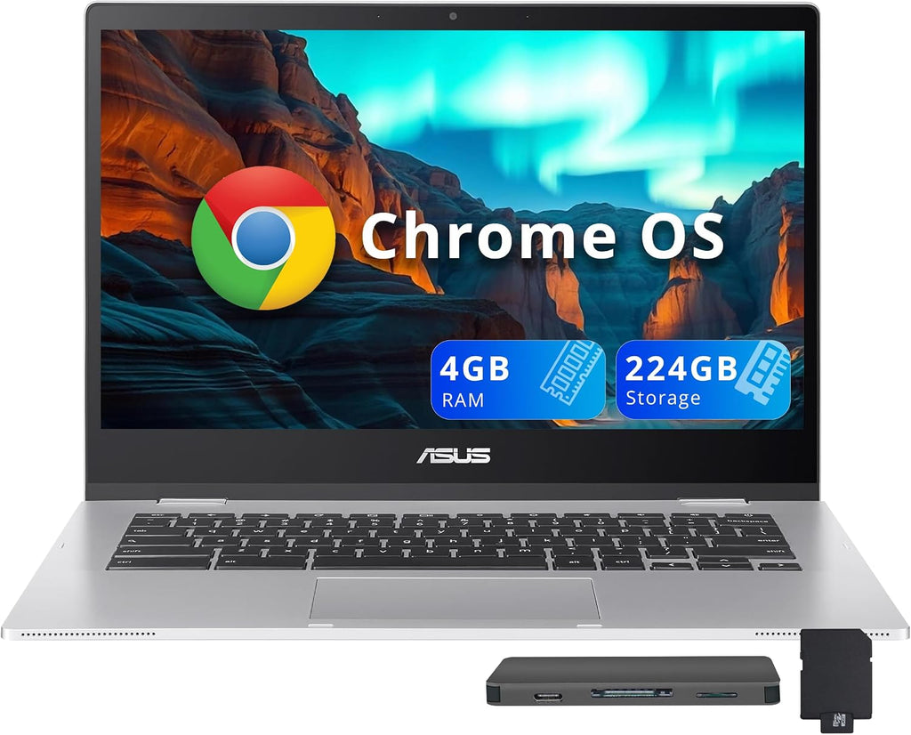 ASUS Chromebook CX1 14' FHD Laptop, Intel Celeron N4500, 4GB RAM, 224GB Storage (64GB eMMC+160GB Docking Station Set), Intel UHD Graphics, 720p Wecam, WiFi 6, Chrome OS, Silver