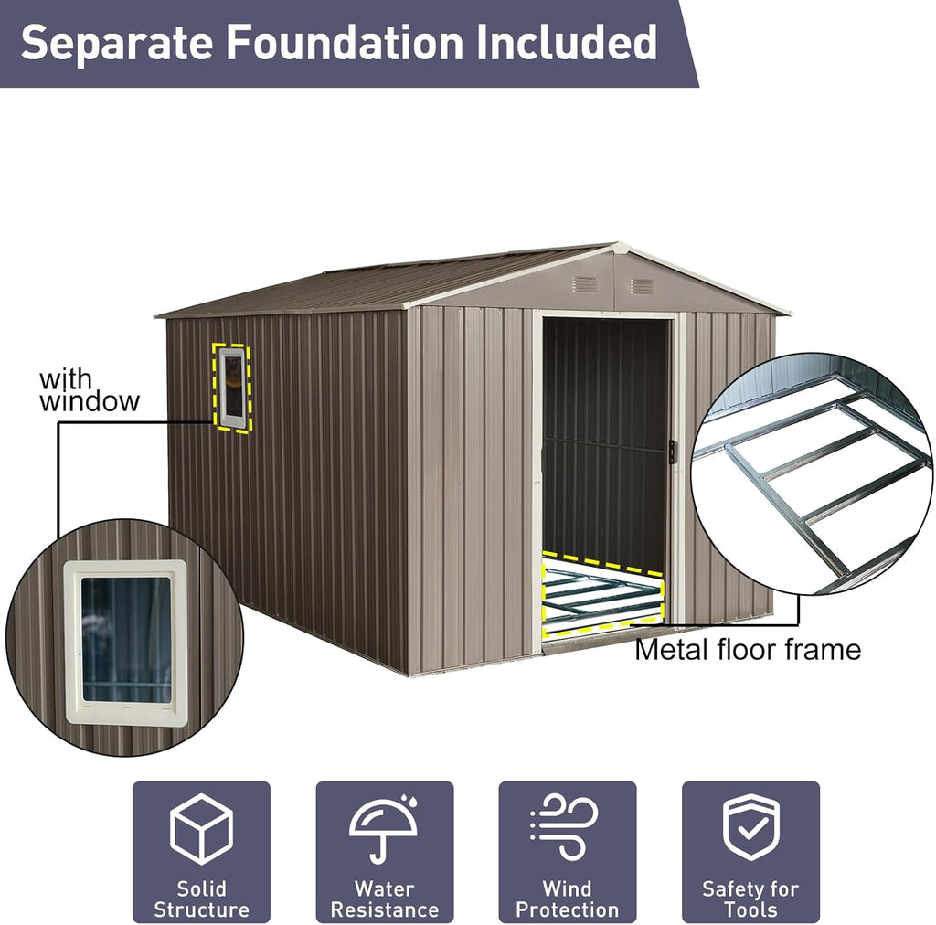 8x10 ft Outdoor Metal Storage Shed with Floor Foundation and Window, Lockable Galvanized Steel Tool Shed with Sliding Door and Air Vent, Waterproof Garden Storage House for Backyard, Patio