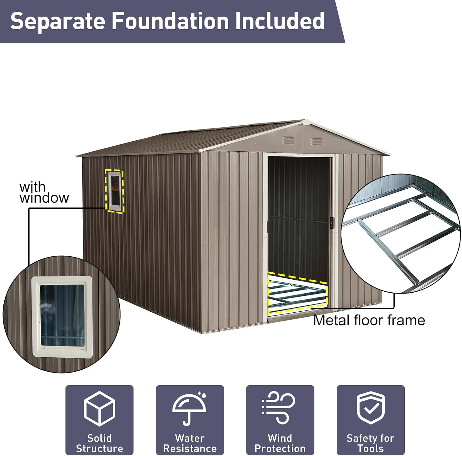 8x10 ft Outdoor Metal Storage Shed with Floor Foundation and Window, Lockable Galvanized Steel Tool Shed with Sliding Door and Air Vent, Waterproof Garden Storage House for Backyard, Patio