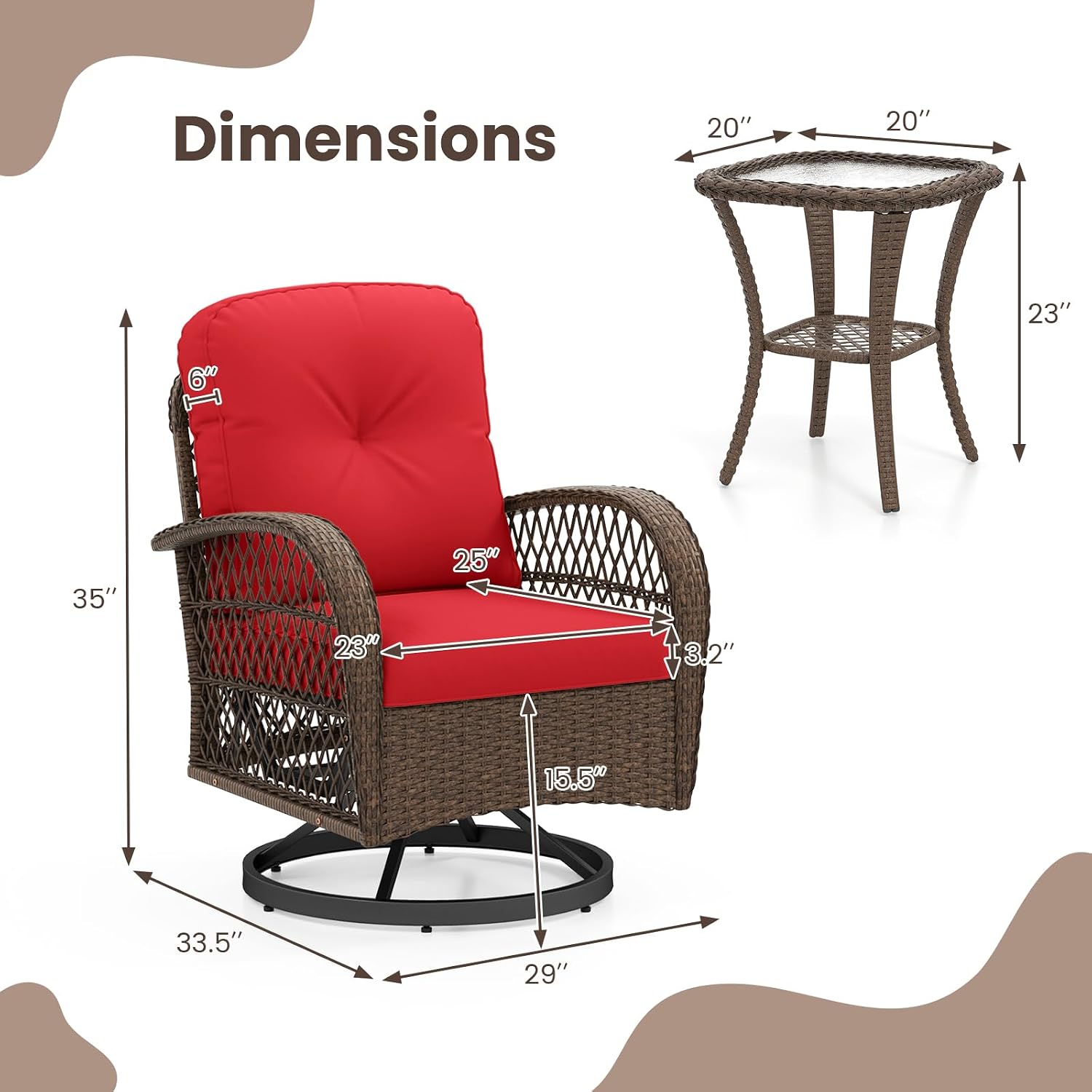 ORALNER 3 Pieces Wicker 360° Swivel Rocker Set Patio Furniture, Rocking Chairs with Cushions, Tempered Glass Coffee Table, Outdoor Rattan Bistro Set for Balcony Front Porch Deck Poolside (Red)