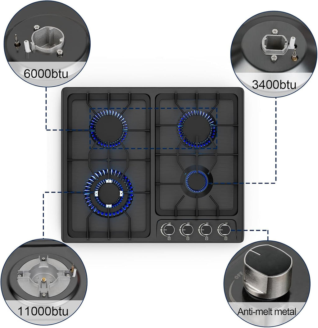 FVBADE 24inch 4 Burners Gas Cooktop Stainless Steel Built-in Gas Stove with NG/LPG Convertible Dual Fuel with Thermocouple Protection for Kitchen，Outdoor, Camping, RV