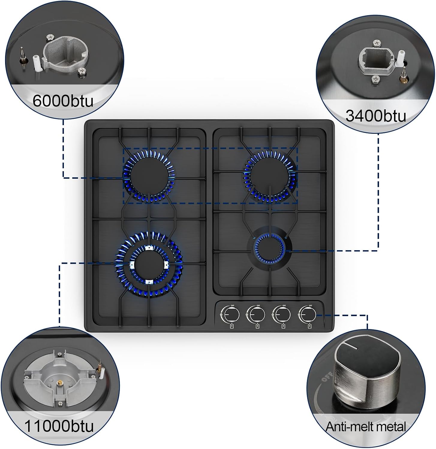 FVBADE 24inch 4 Burners Gas Cooktop Stainless Steel Built-in Gas Stove with NG/LPG Convertible Dual Fuel with Thermocouple Protection for Kitchen，Outdoor, Camping, RV