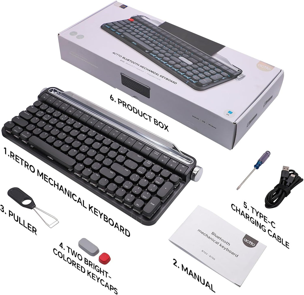 Retro Typewriter Mechanical Keyboard with Tablet Stand, 100 Keys LED Backlit, ABS+PBT Keycaps, Wired/Bluetooth, Blue Switch, Compatible with Windows/Mac/iOS/Android (Black)