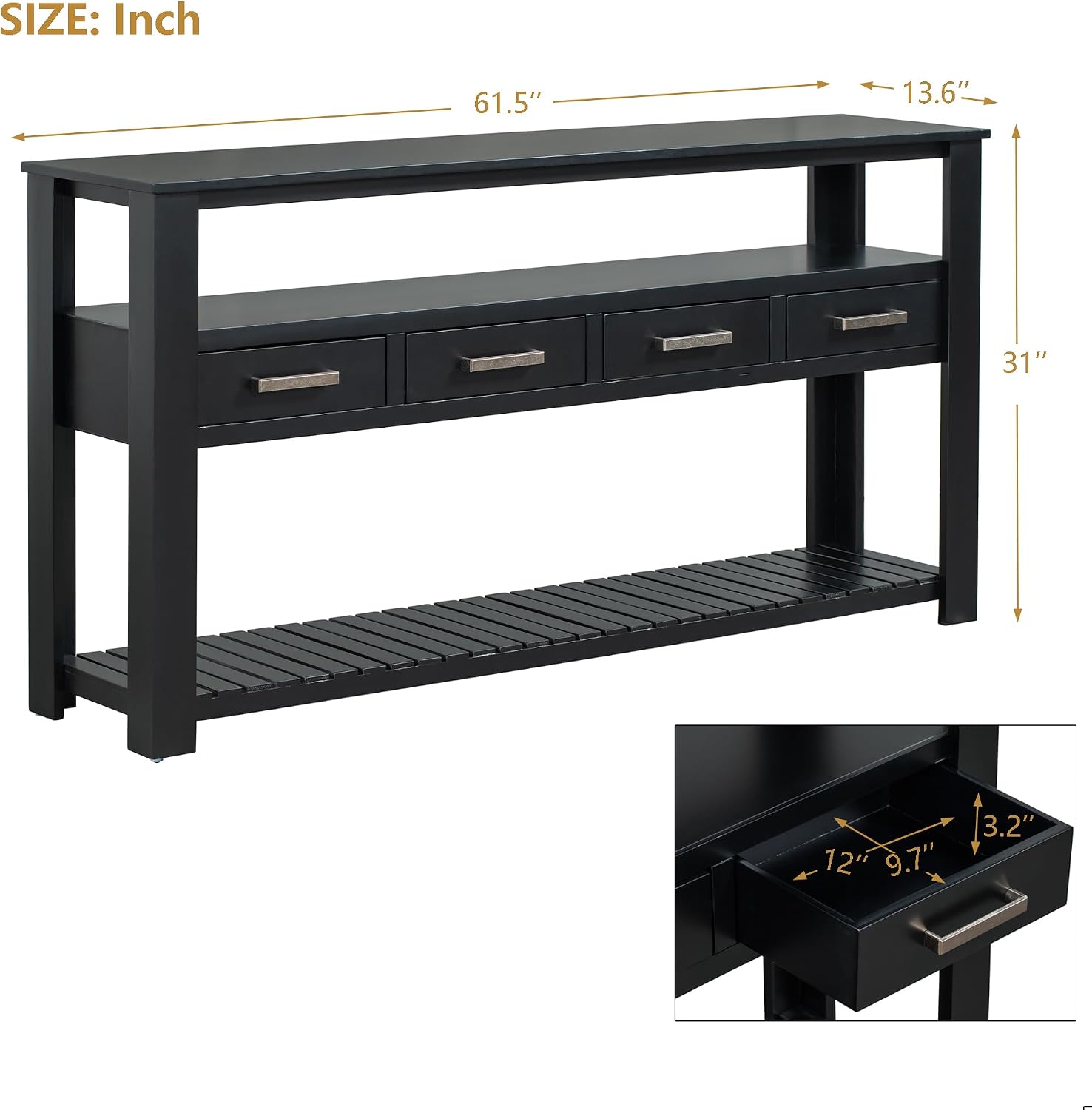 Modern Console Table Long Narrow 62-Inch Sofa Entry Table with Drawers & Open Shelves for Living Room Entryway, Easy Assembly(Black)