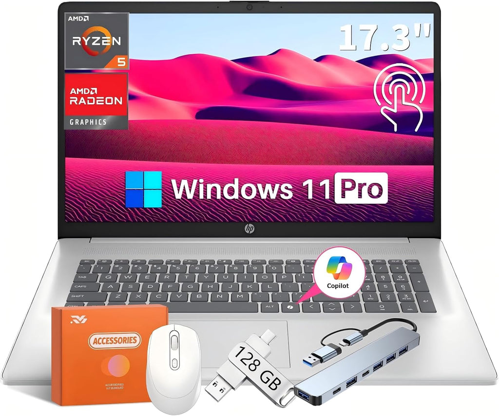 HP 2025 New 17 inch Laptop, 17.3' Touchscreen HD+ Display, Copilot AI, AMD Ryzen 5 7430U 6-Core, 32GB RAM, 1TB SSD, Wi-Fi 6, Windows 11 Pro, Business Computer, Windows 11 Pro, w/Accessory Box
