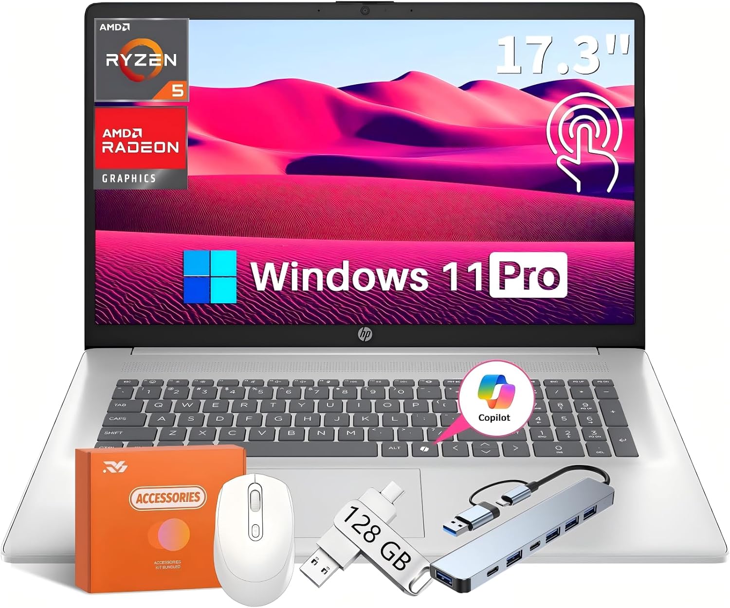 HP 2025 New 17 inch Laptop, 17.3' Touchscreen HD+ Display, Copilot AI, AMD Ryzen 5 7430U 6-Core, 32GB RAM, 1TB SSD, Wi-Fi 6, Windows 11 Pro, Business Computer, Windows 11 Pro, w/Accessory Box