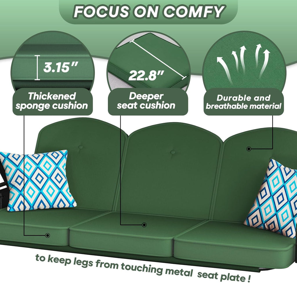 ZZW 3 Seat Outdoor Porch Patio Swing with Stand 800lbs 2-in-1 Convertible Swing Bed with Adjustable Canopy & Removable Cushion for Yard Garden Deck (Green, Round Tube)