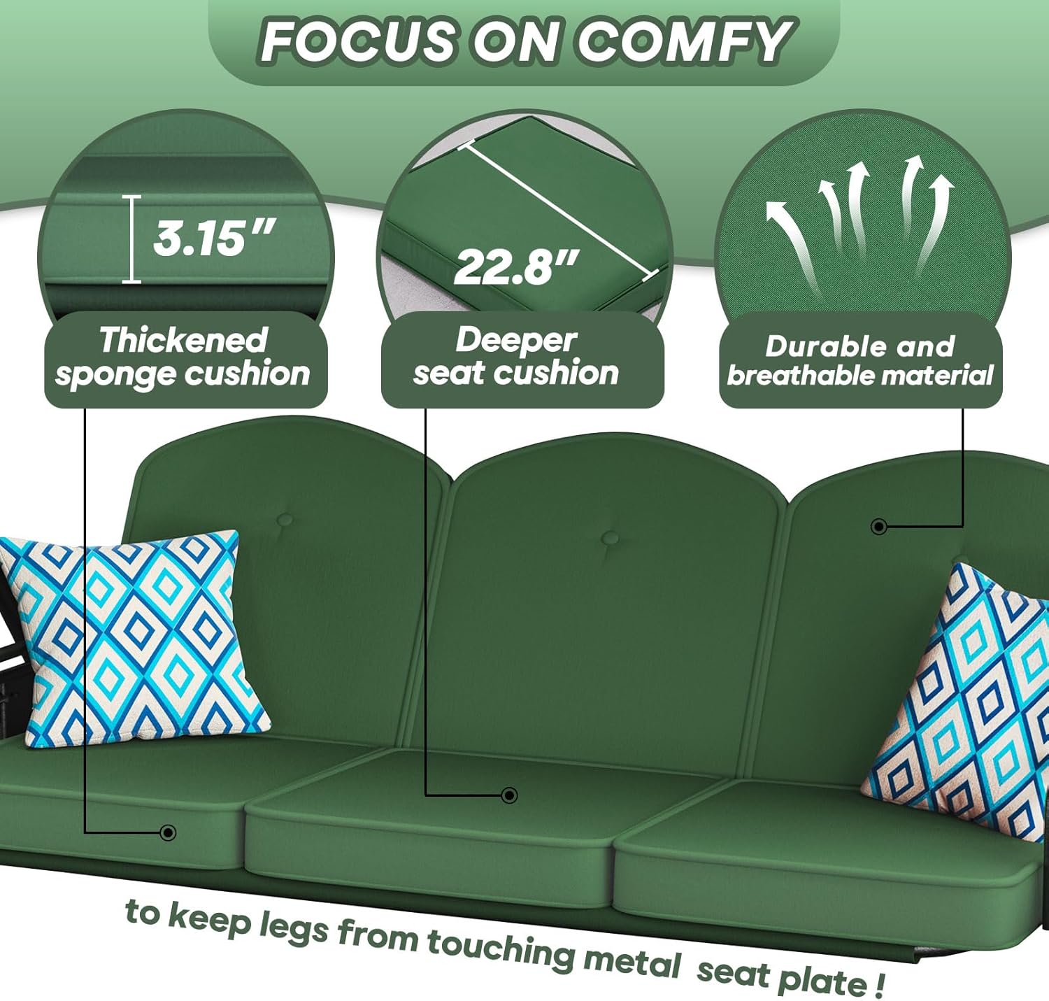 ZZW 3 Seat Outdoor Porch Patio Swing with Stand 800lbs 2-in-1 Convertible Swing Bed with Adjustable Canopy & Removable Cushion for Yard Garden Deck (Green, Round Tube)