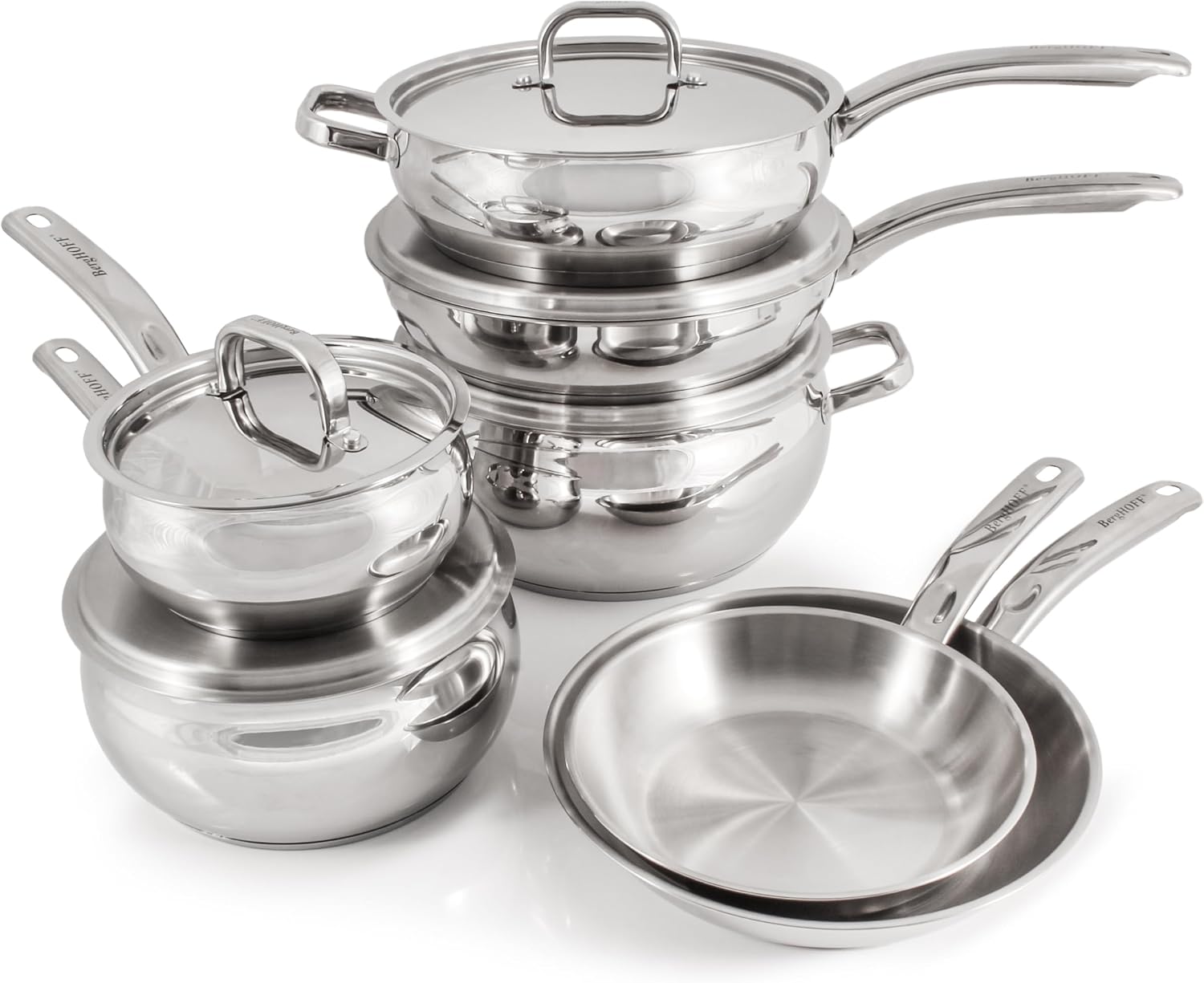BergHOFF Belly Shape 18/10 Stainless Steel 12Pc Cookware Set, Metal Lids, Fast, Evenly Heat, Induction Cooktop Ready