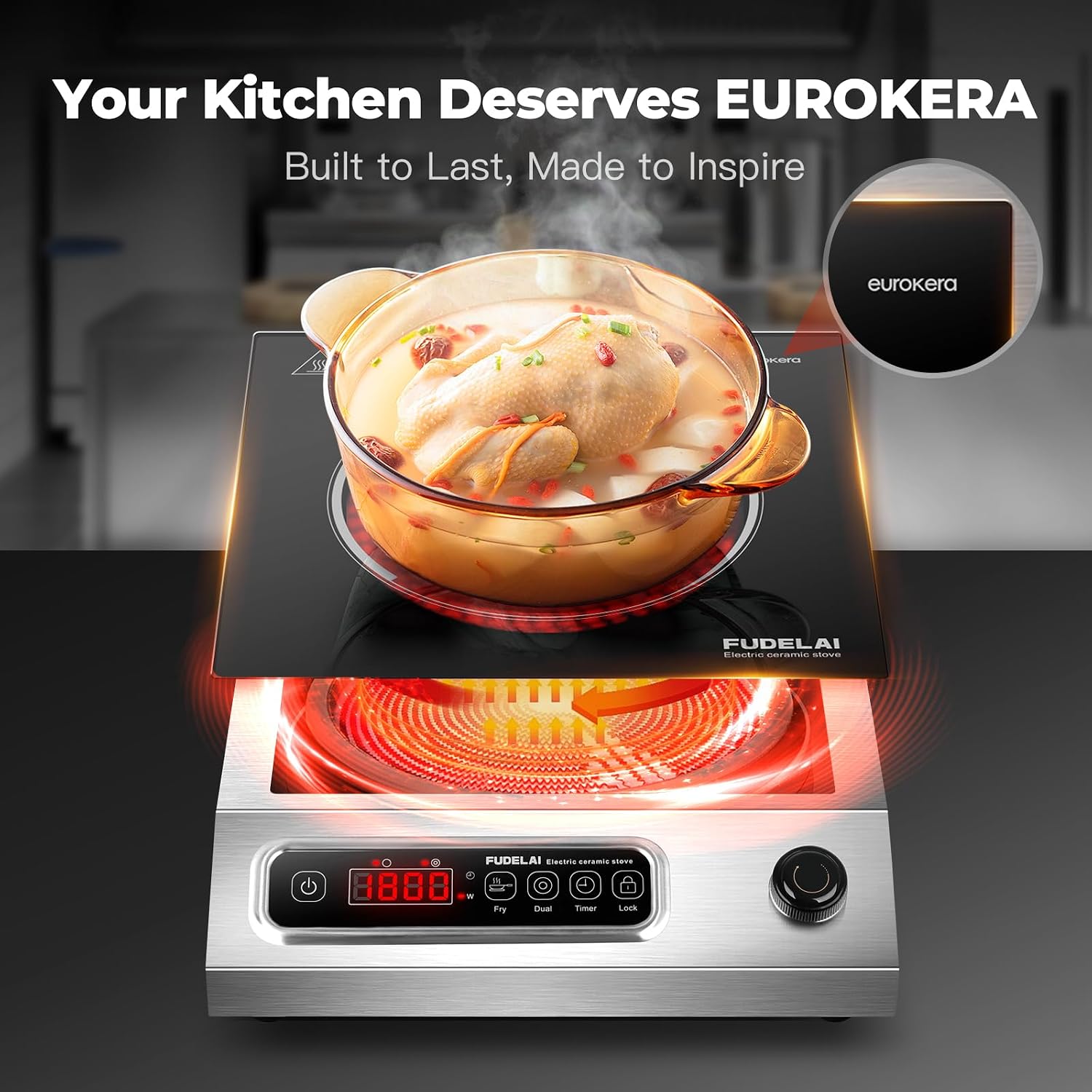 1800W Commercial Grade Induction Cooktop with 9 Power Levels - Infrared Electric Burner with EUROKERA Micro-Ceramic Panel, Timer, Safety Lock, for Restaurant, Home Kitchen Use