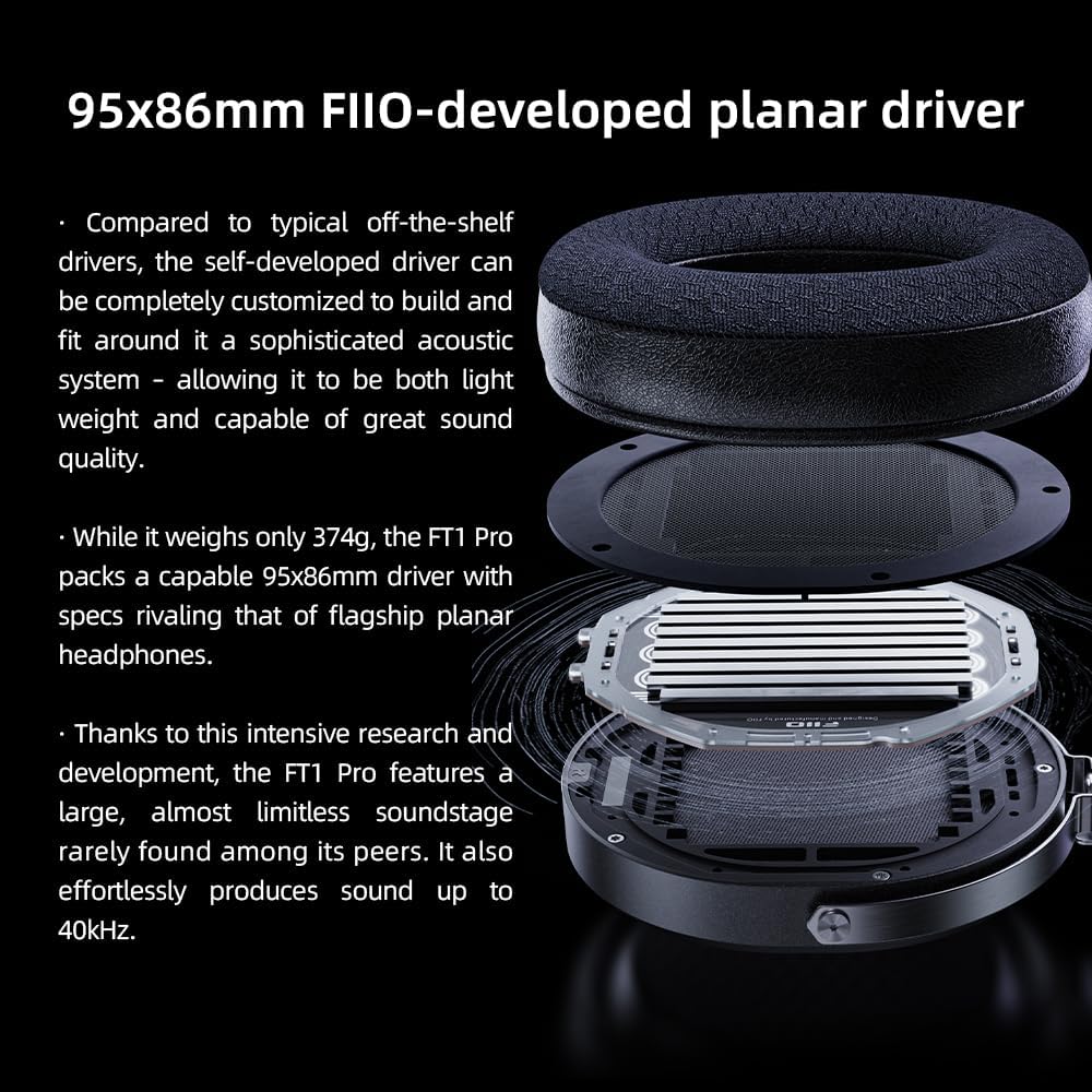 FiiO FT1 Pro Open-Back Planar Magnetic Wired Hi-Fi Headphones for Home, Studio, Recording, High Sensitivity (Black)