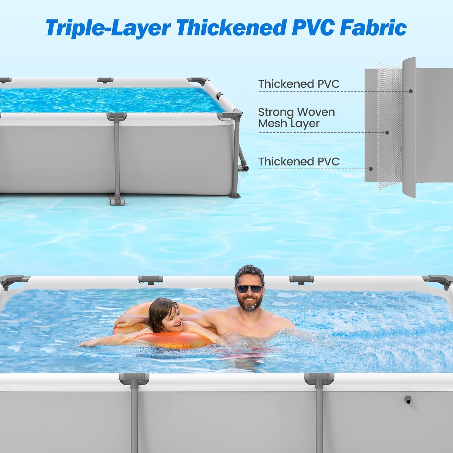 Moccha 10' x 6.8' Rectangle Above Ground Pool, Metal Frame Family Pool Set with PVC Fabric, 3 Stoppers, Drainage Valve Connector, Outdoor Backyard Swimming Pool, 978 Gallons of Water