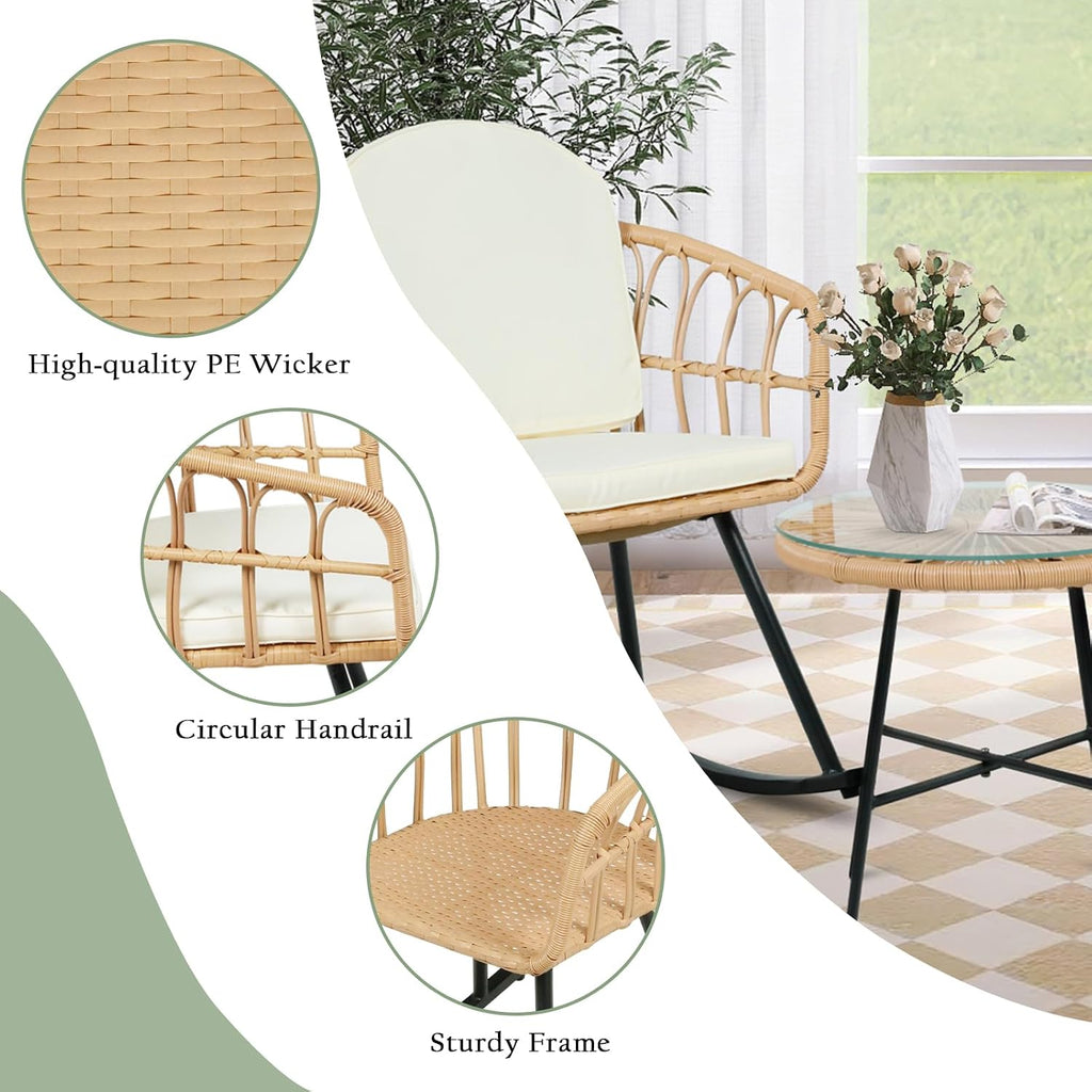 Vikiullf 3 Pieces Rocking Chairs Set - Outdoor Wicker Rattan Rocking Chairs with Thickened Cushions, Boho Patio Furniture, Patio Conversation Bistro Sets, for Balcony Garden Porch Living Room