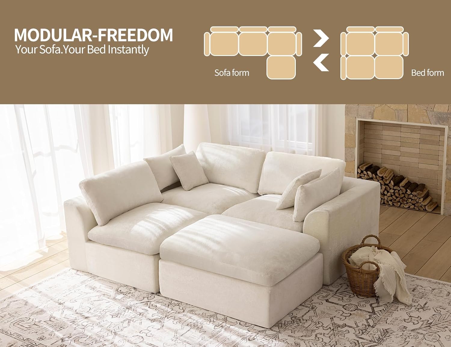 115' Modular Sectional Sofa, Modern Cloud Sectional Couch with Deep Seat, L-Shape Boneless Couch for Living Room,No Assembly Required,Warm White(3 Seater + 1 Ottoman)