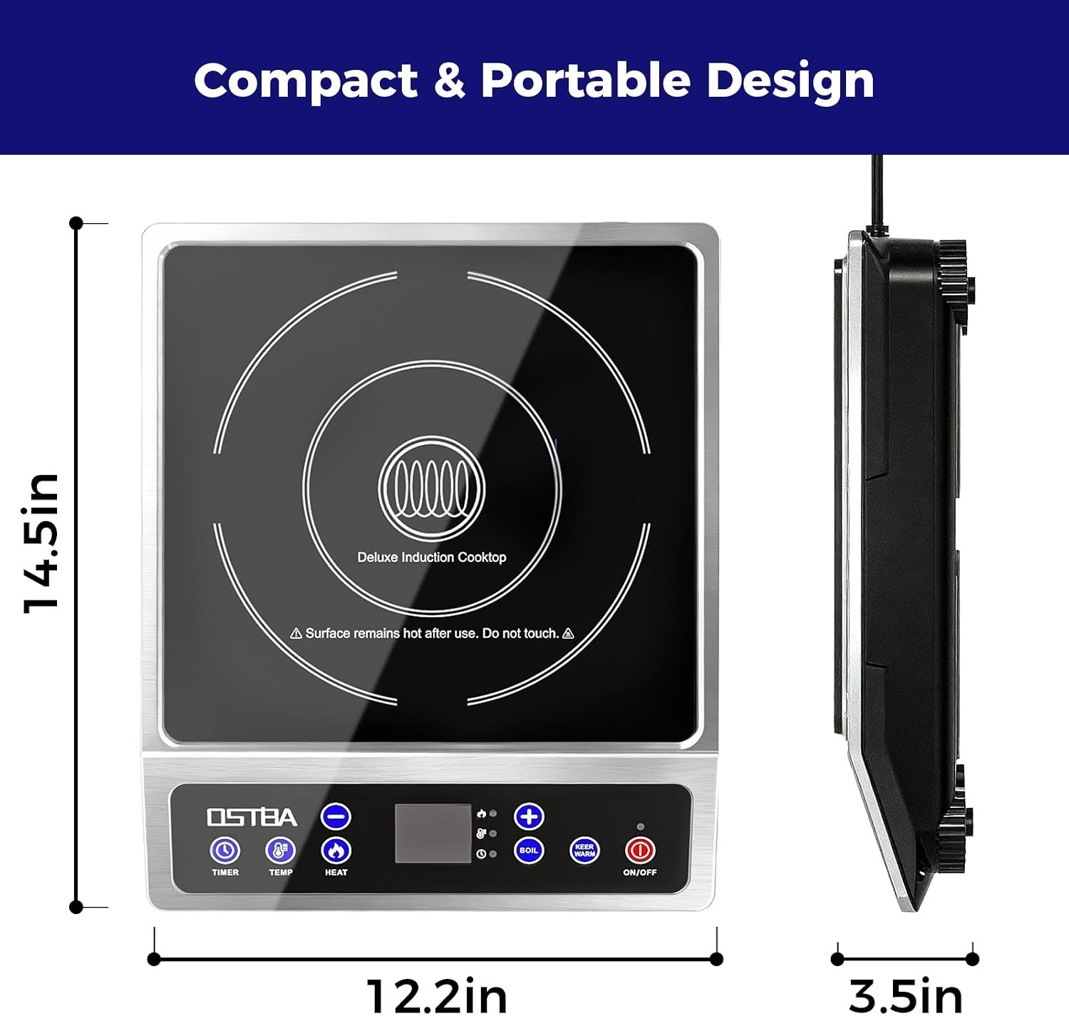 OSTBA 1800W Commercial Induction Cooktop, 7' Heating Coil Countertop Induction Burner, 10 Power Levels & 120–460°F Temperature Control, 3H Timer, Keep Warm, ETL Certified
