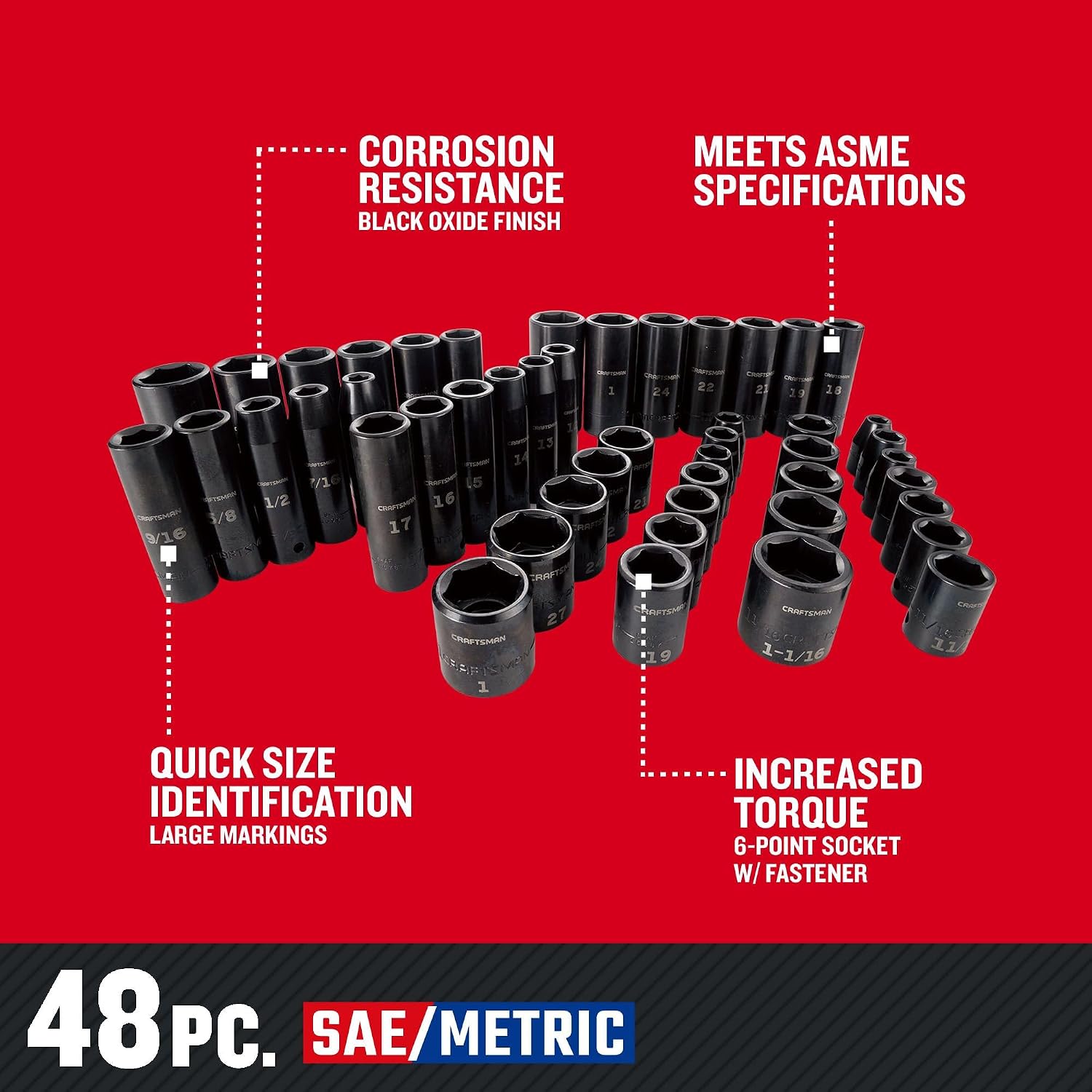 CRAFTSMAN Deep Impact Socket Set, SAE, 1/2-Inch, 48-Piece (CMMT16548)