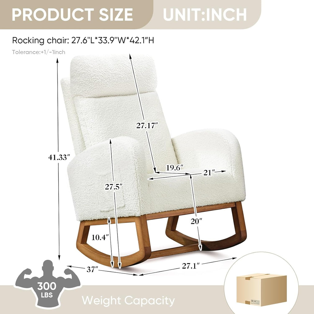 Nursery Rocking Glider Chair, Modern Fabric Tall Back Accent Rocker Chair Upholstered Arm Chair w/Side Pockets, Modern Leisure Single Sofa for Living Room, Hotel, Bedroom, Office, Cream