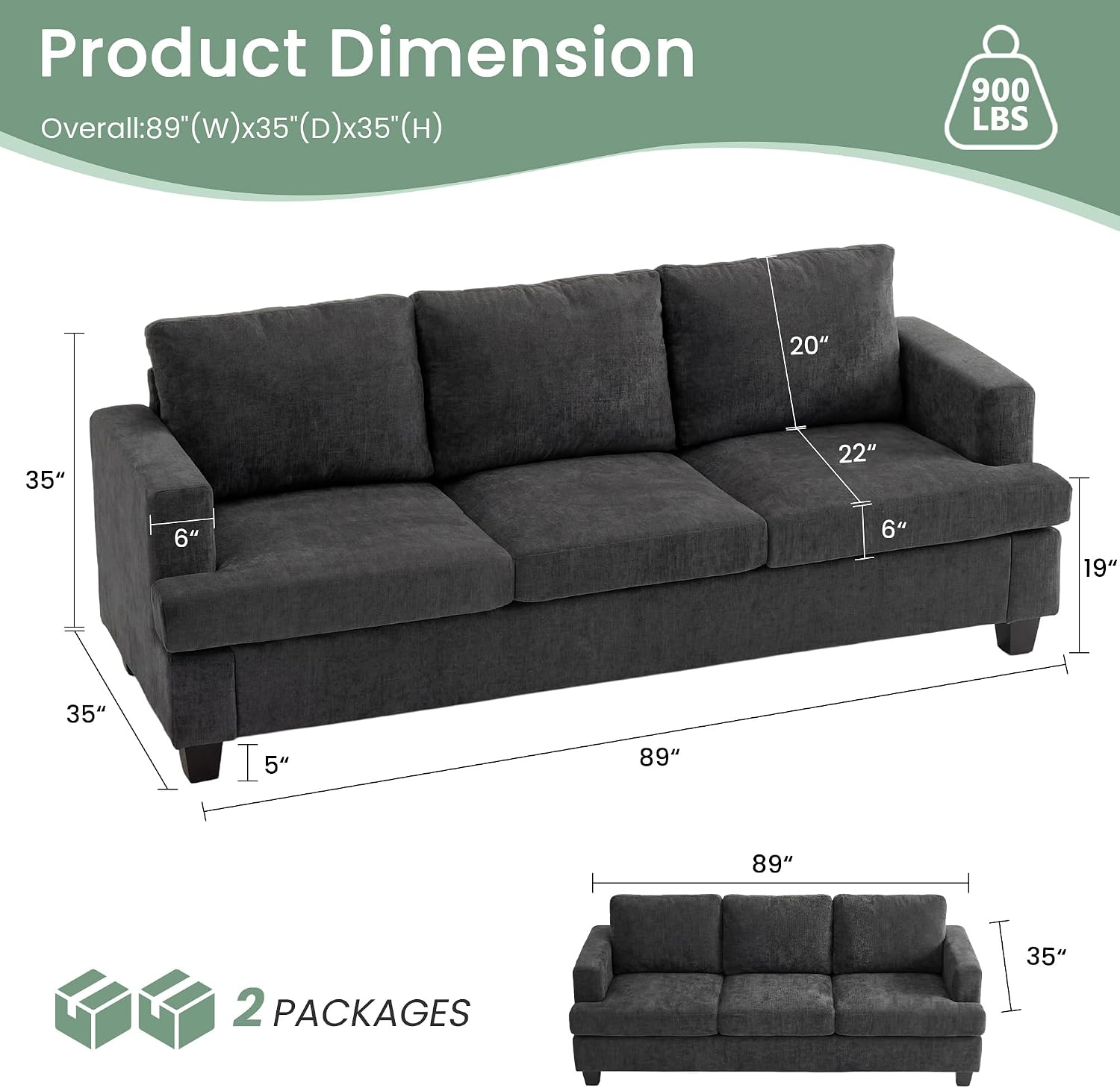 YOUDENOVA 2 Piece Set Comfy Sofa Couch, 2 3-Seater Sofa with Deep Seats, Modern Sleeper Couch for Living Room, Dark Grey Chenille