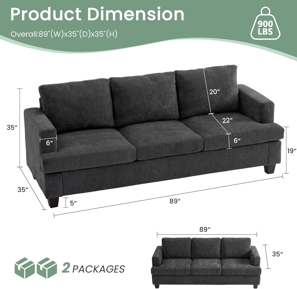 YOUDENOVA Sofa, 89' 3-Seater Deep Seat Sofa, Modern Comfy Couches for Living Room Apartment Lounge, Dark Grey Chenille