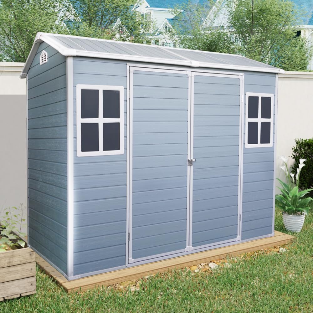 8x4FT Resin Garden Shed - Plastic Lean to Shed with Floor, Lockable Outdoor Storage Sheds for Patio Yard, Outdoor Shed with Floor Included (White)