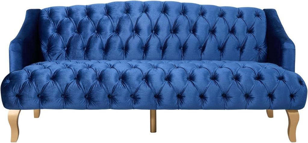 Wine Red Modern Velvet Loveseat Sofa Couch, 73' Mid - Century Tufted Upholstered Small Love Seat Couch, Curved High Back 3-Seats Couches for Compact Space, Living Room, Apartment (Dark Blue)