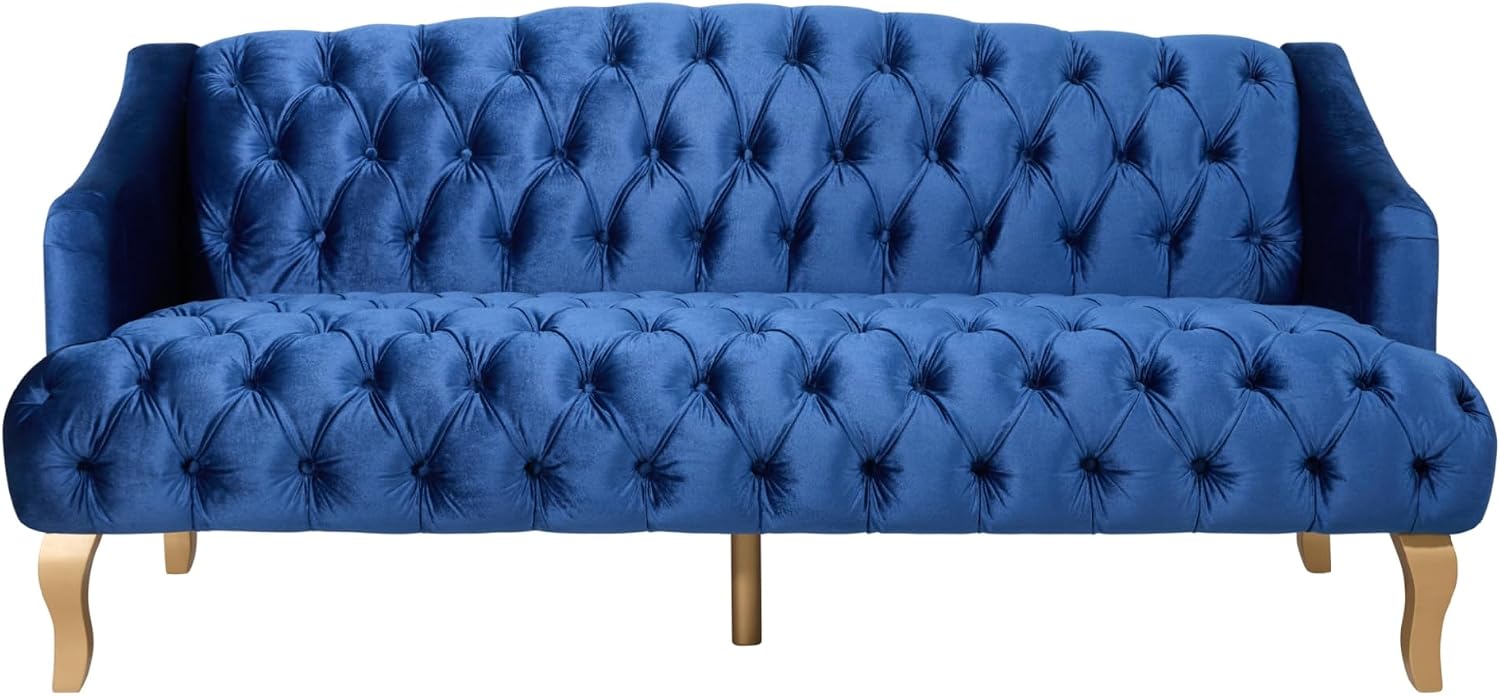 Wine Red Modern Velvet Loveseat Sofa Couch, 73' Mid - Century Tufted Upholstered Small Love Seat Couch, Curved High Back 3-Seats Couches for Compact Space, Living Room, Apartment (Dark Blue)