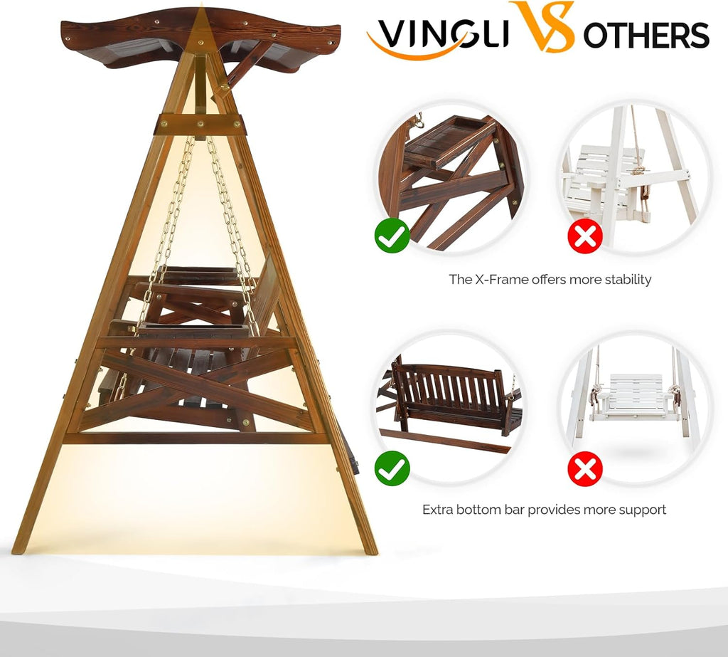 VINGLI Porch Swing with Stand, Porch Swing with Canopy, Waterproof Patio Swing with Cup Holder, Outdoor Swing Set for Garden, Yard, Patio, Rustic