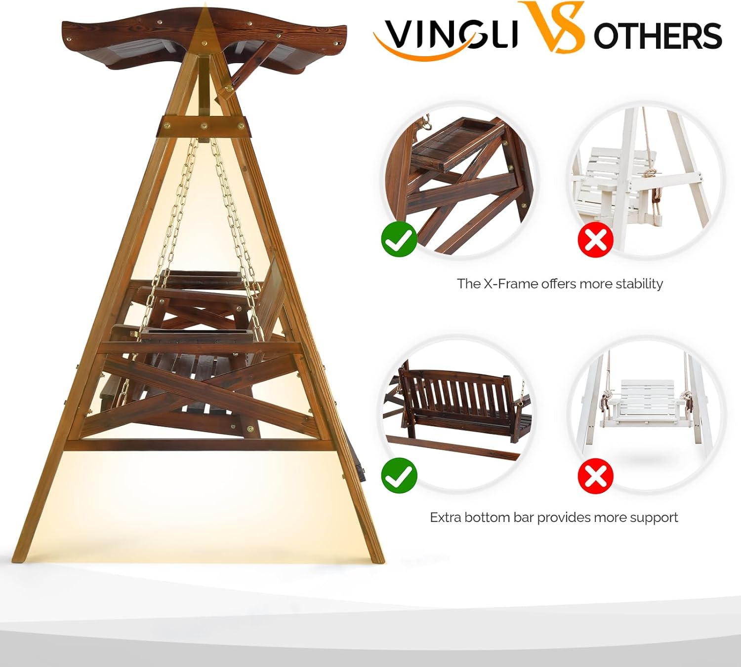VINGLI Porch Swing with Stand, Porch Swing with Canopy, Waterproof Patio Swing with Cup Holder, Outdoor Swing Set for Garden, Yard, Patio, Rustic