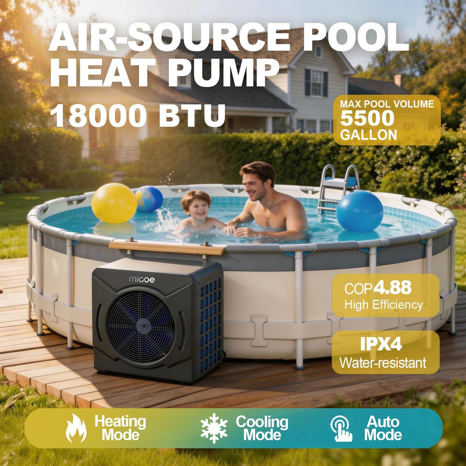 MICOE 18000 BTU Pool Heater for Above Ground Pools, Swimming Pool Heat Pump, Heating and Cooling, Smart App Control，Titanium Heat Exchanger, Ultra Quiet 50dB, 110V