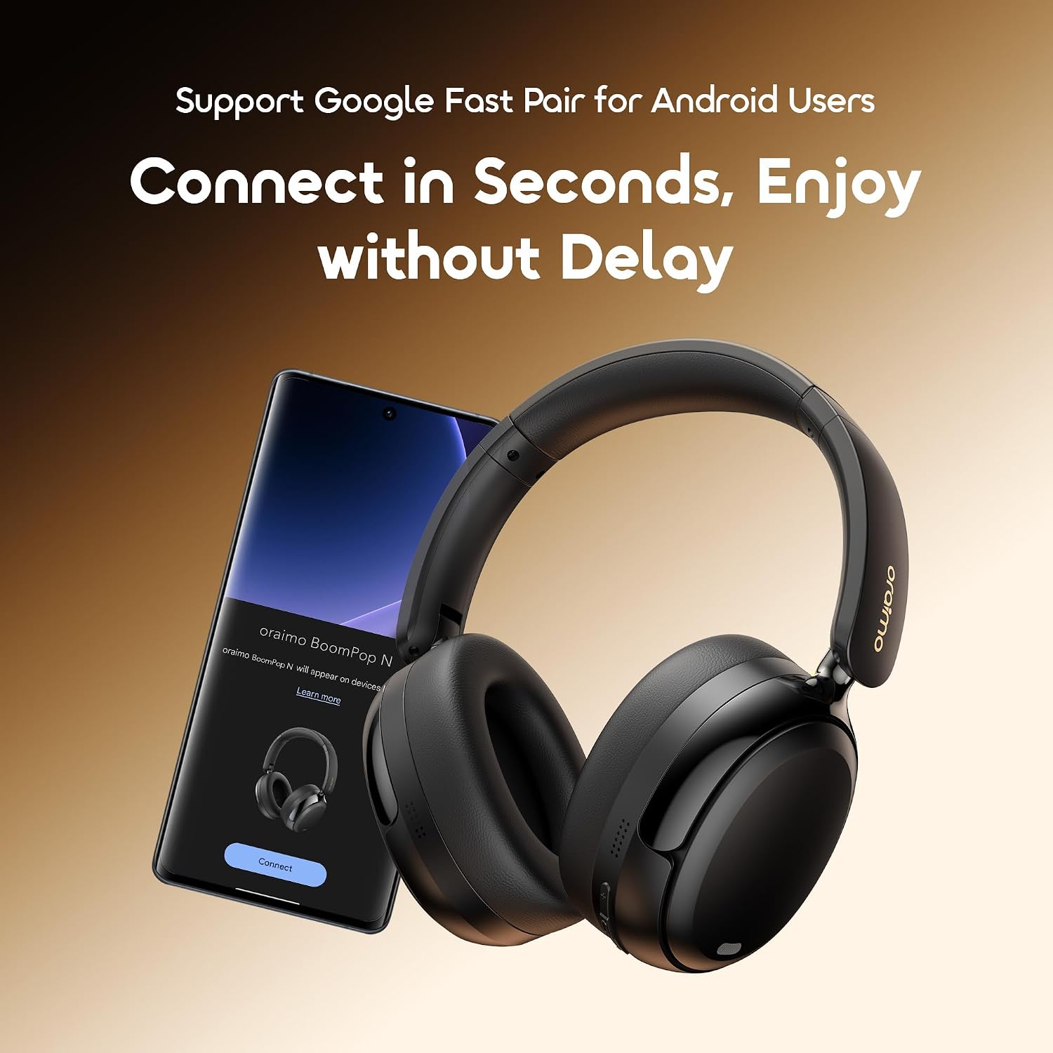 Oraimo Active Noise Cancelling Over the Ear Headphones Wireless Bluetooth, 65H Playtime, 3 EQ Modes, Deep Bass, BT5.4, Wireless Headphones with Microphone for Game, Office, Travel, Black