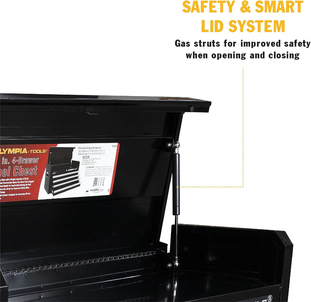 Olympia Tools 26-Inch 4-Drawer Portable Tool Chest, Metal Storage Organizer Box, Black - Work Toolbox for Home Garage and Workshop with Locking Lid and Ball Bearing Slides