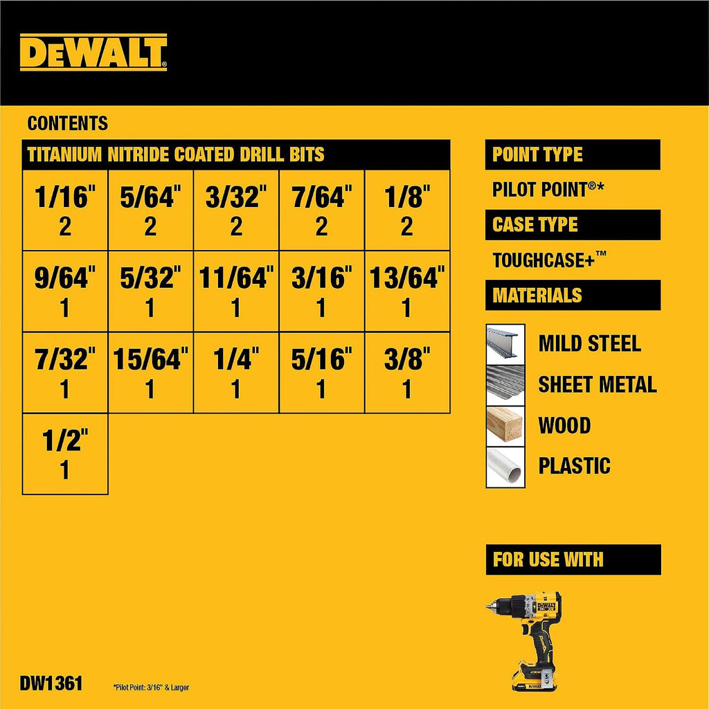 DEWALT Titanium Nitride Coated Drill Bit Set, Pilot Point, 21-Piece (DW1361), Pack of 5