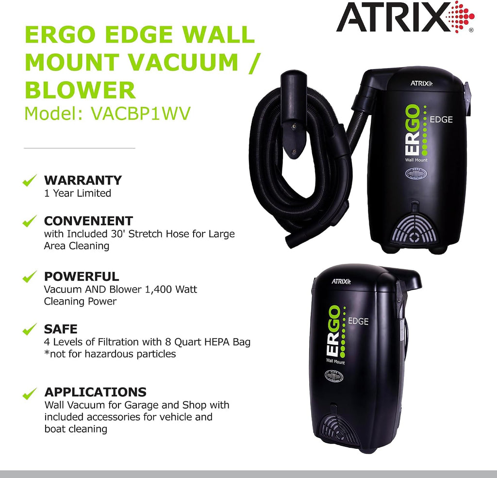 Atrix Ergo Edge Canister Shop Vac-Wall Mounted Garage Vacuum Cleaner with Built-in Dust Bag & Extendable Hose-Compact Black Design, 20 x 9 x 12