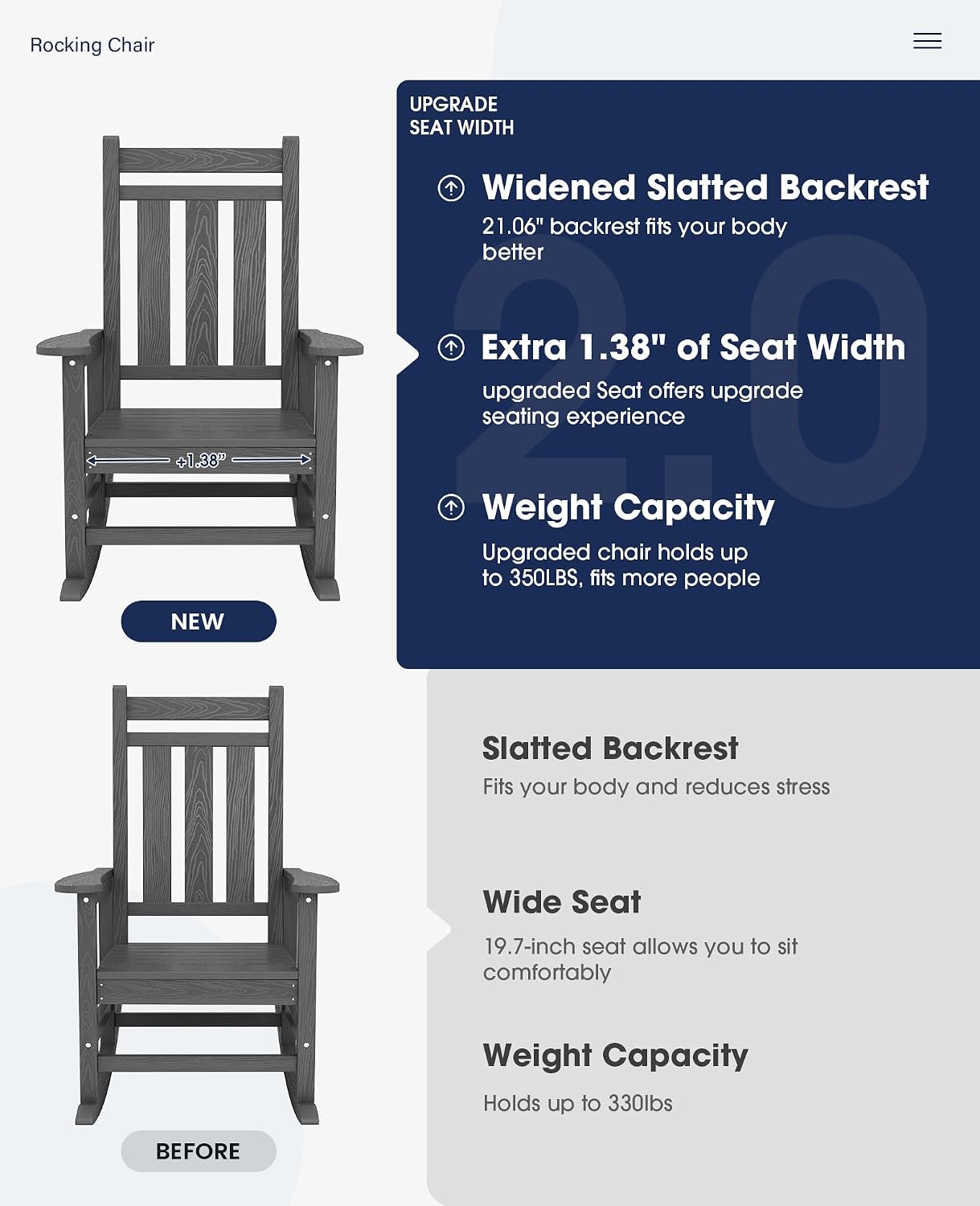 KINGYES Oversized Outdoor Rocking Chair Set of 4, All-Weather Patio Rocking Chairs for Porch, HDPE Outdoor Patio Rockers with High Back & Wide Seat for Garden, Lawn, Gray