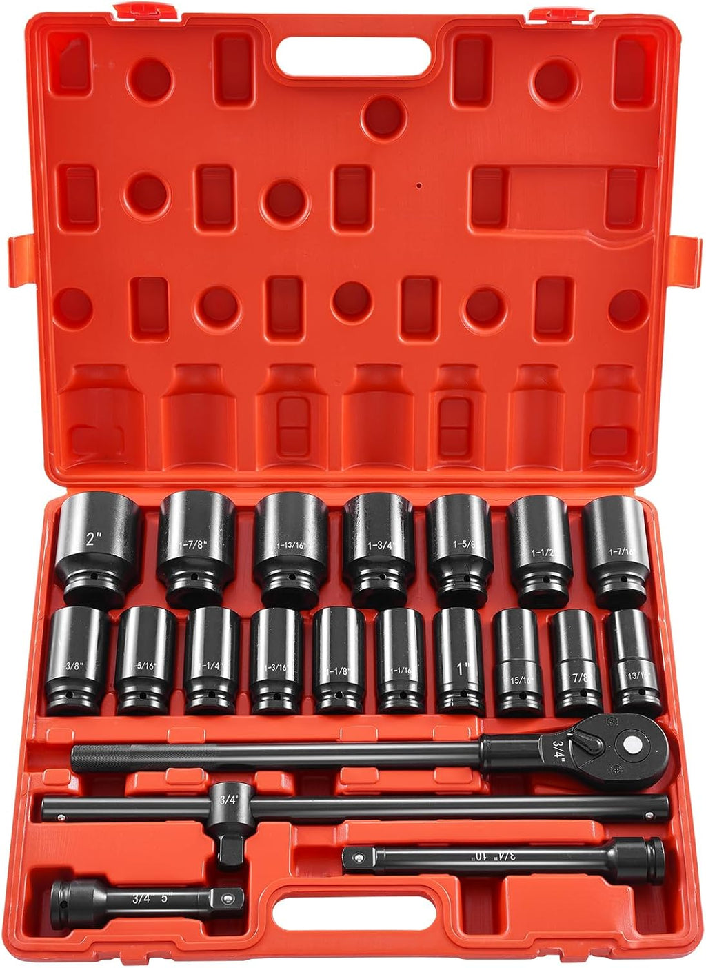 VEVOR Impact Socket Set 3/4 Inches 22 Piece Deep Impact Sockets, 6-Point Sockets, Rugged Construction, CR-V Drive Socket Set Impact SAE 13/16 inch - 2 inch, Includes Carrying Case and Ratchet Handle