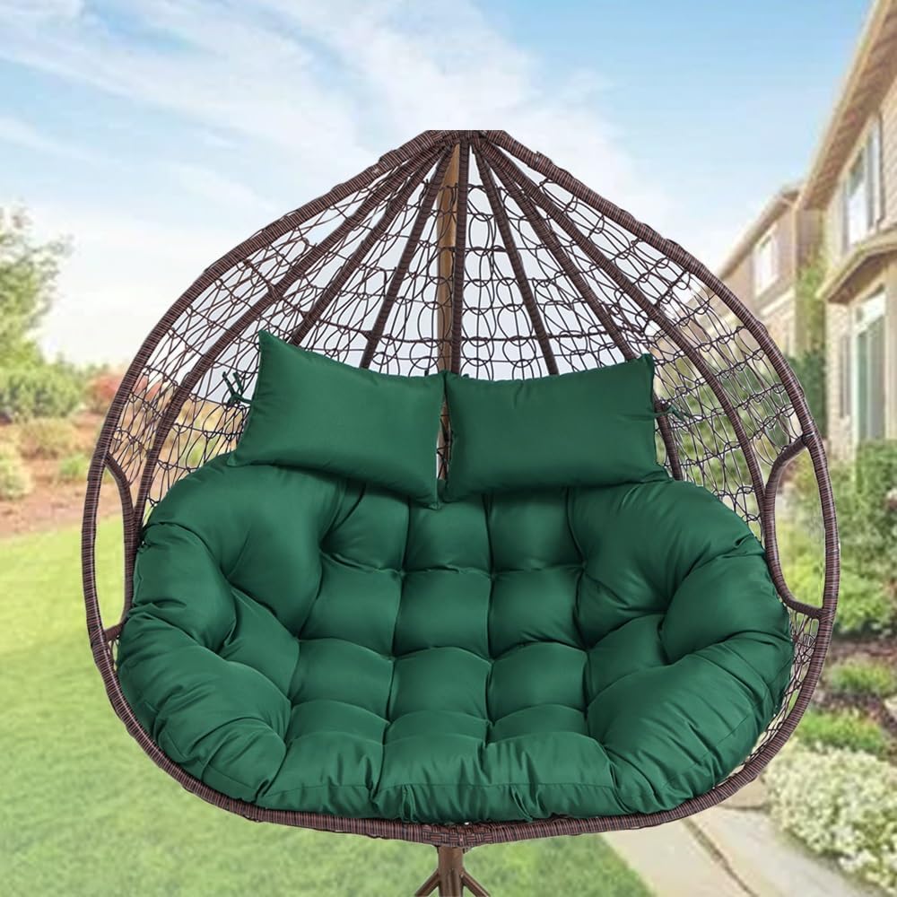 Oversized Double Papasan Chair Cushion 59 x 39 Inch (Without Chair), Outdoor Waterproof Hanging Swing Chair Cushion, Patio Swivel Rocker Chair Cushion with Headrest Pillow(Dark Green)