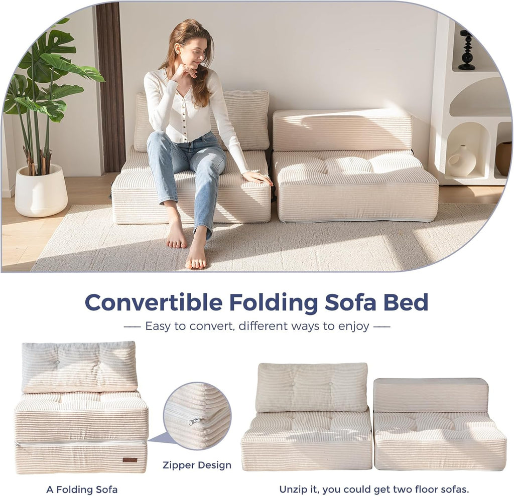 MAXYOYO Folding Sofa Bed, Convertible Sofa Bed with High-Density Support Foam, Portable 4 in 1 Fold Out Chair to Floor Lounger, Versatile Floor Couch for Living Room Bedroom, Beige