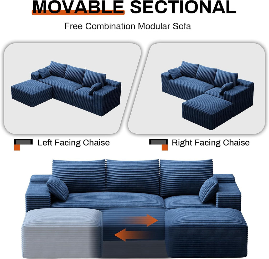 108' Oversized L-Shaped Sectional Couches for Living Room, Comfy Fluffy Corduroy Blue Boneless Cloud Couch with Ottoman, Plush Memory Foam Modular Sectional Sofa for Small Spaces