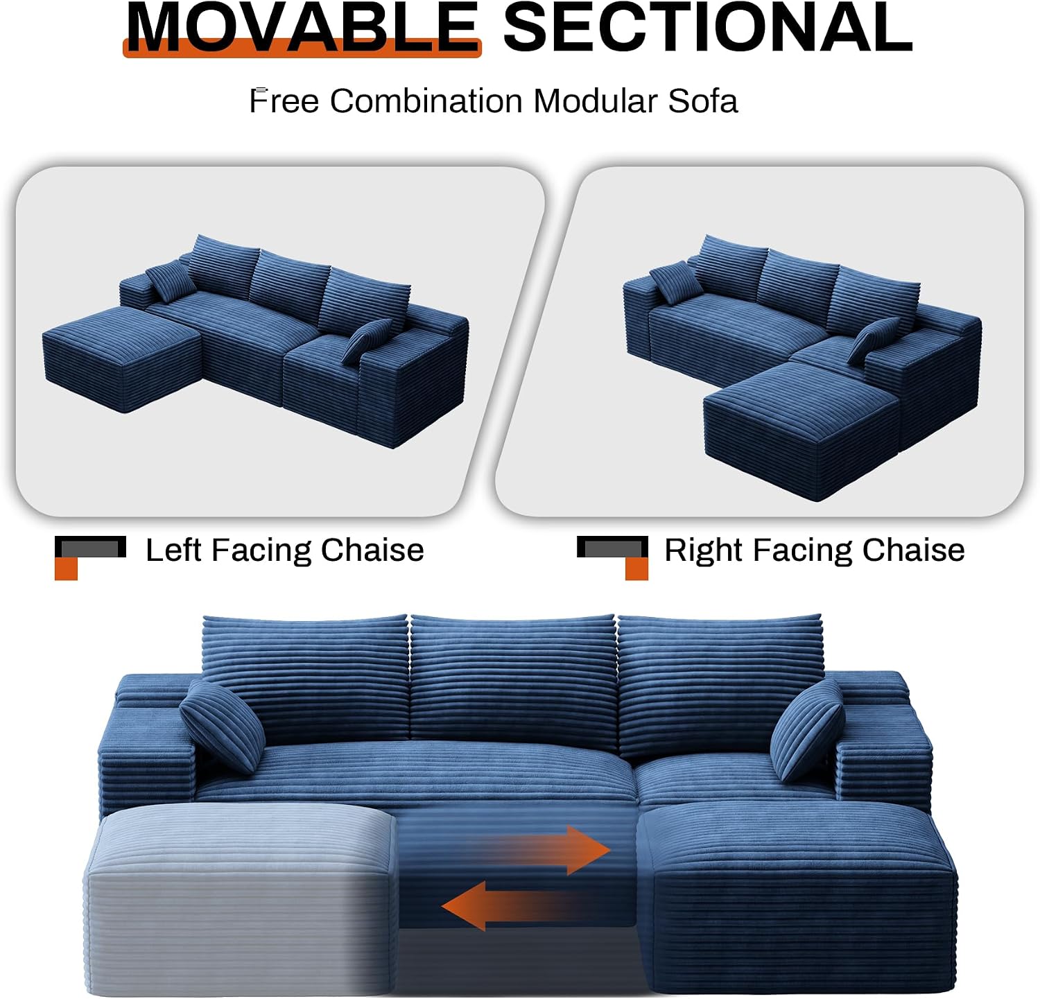 108' Oversized L-Shaped Sectional Couches for Living Room, Comfy Fluffy Corduroy Blue Boneless Cloud Couch with Ottoman, Plush Memory Foam Modular Sectional Sofa for Small Spaces