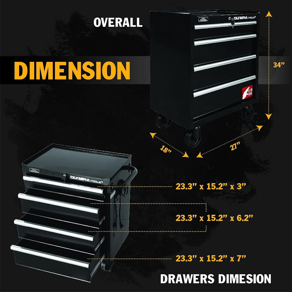 Olympia Tools 27-Inch Rolling Tool Cabinet with 4 Drawers - Mobile Tool Chest with Ball Bearing Slides and Fully Extendable Drawers for Garage Storage