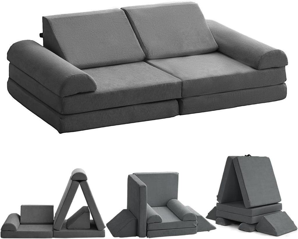 jela Kids Couch Safety Certified Play Couch Soft Kids Sofa with Machine Washable Cover Thick Foam Fort Building Set for Playroom Indoor 57x28x18 Inch (Corduroy, Darkgrey)