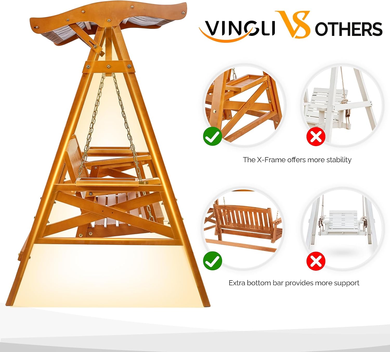 VINGLI Porch Swing with Stand, Porch Swing with Canopy, Waterproof Patio Swing with Cup Holder, Outdoor Swing Set for Garden, Yard, Patio, Teak