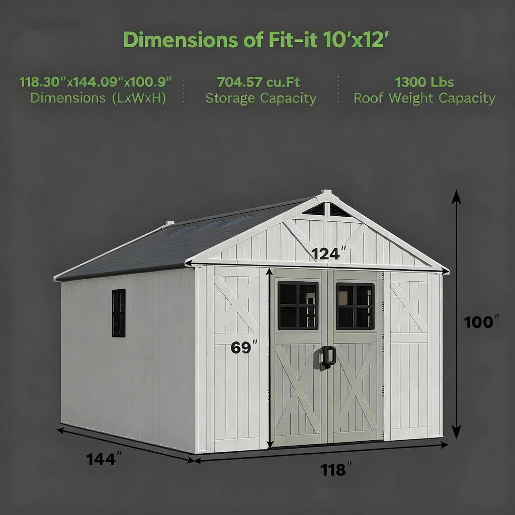 GUNJI 10x12 FT Resin Outdoor Storage Shed with 4 Metal Shed Kit-Perfect to Store Patio Furniture, Garden Tools Bike Accessories, Beach Chairs and Lawn Mower, Begie