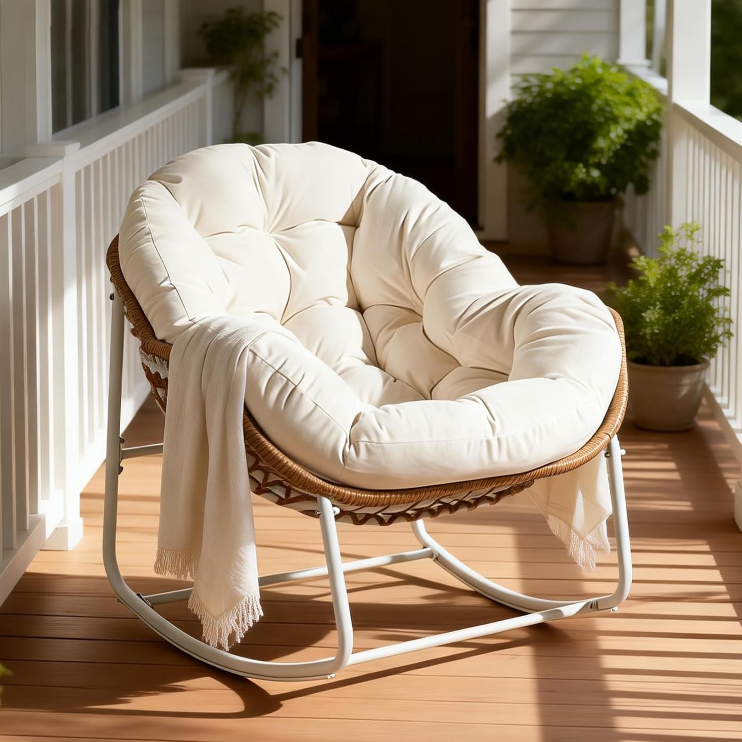 YDcosyfy Oversized Outdoor Papasan Rocking Chair with Soft Cushion, Comfy Patio Egg Chair, Wicker Lounge Rocker for Balcony/Porch/Garden, Reinforced All Weather Rattan Frame, 330 lbs Support, Cream