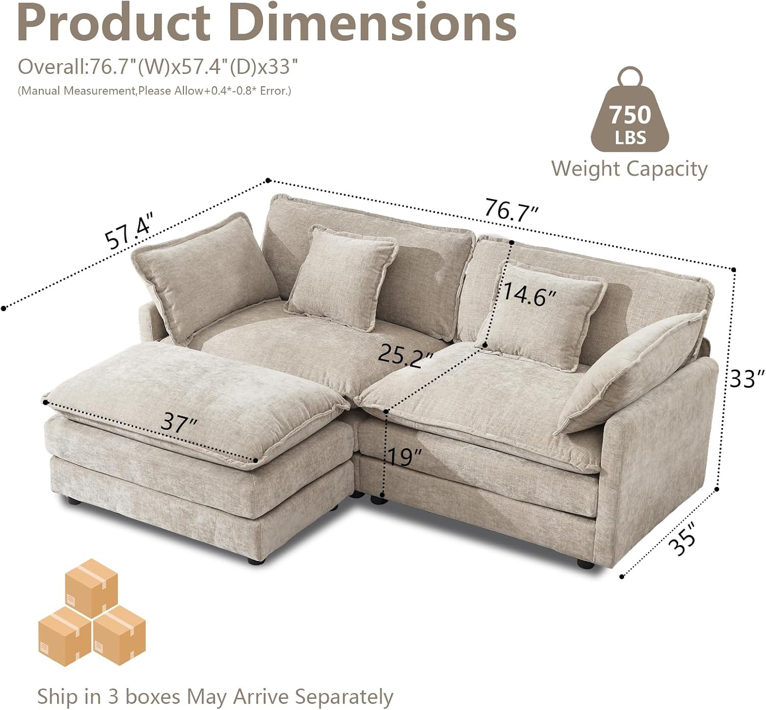 GNIXUU 76.7' Cloud Sofa Couch, Modern Chenille Deep 2 Seater Loveseat with Moveable Ottoman and 4 Pillows, Comfy Modular L Shaped Couches for Small Living Room, Apartment, Studio, Office, Camel