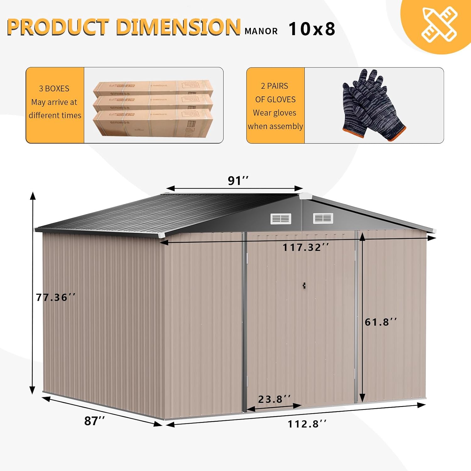 Outdoor Storage Shed 8x10 FT, Utility Steel Tool Shed with Lockable Door and Air Vents, Galvanized Metal Shed for Garden Backyard Patio Lawn (8' x 10') Brown,G37009-12