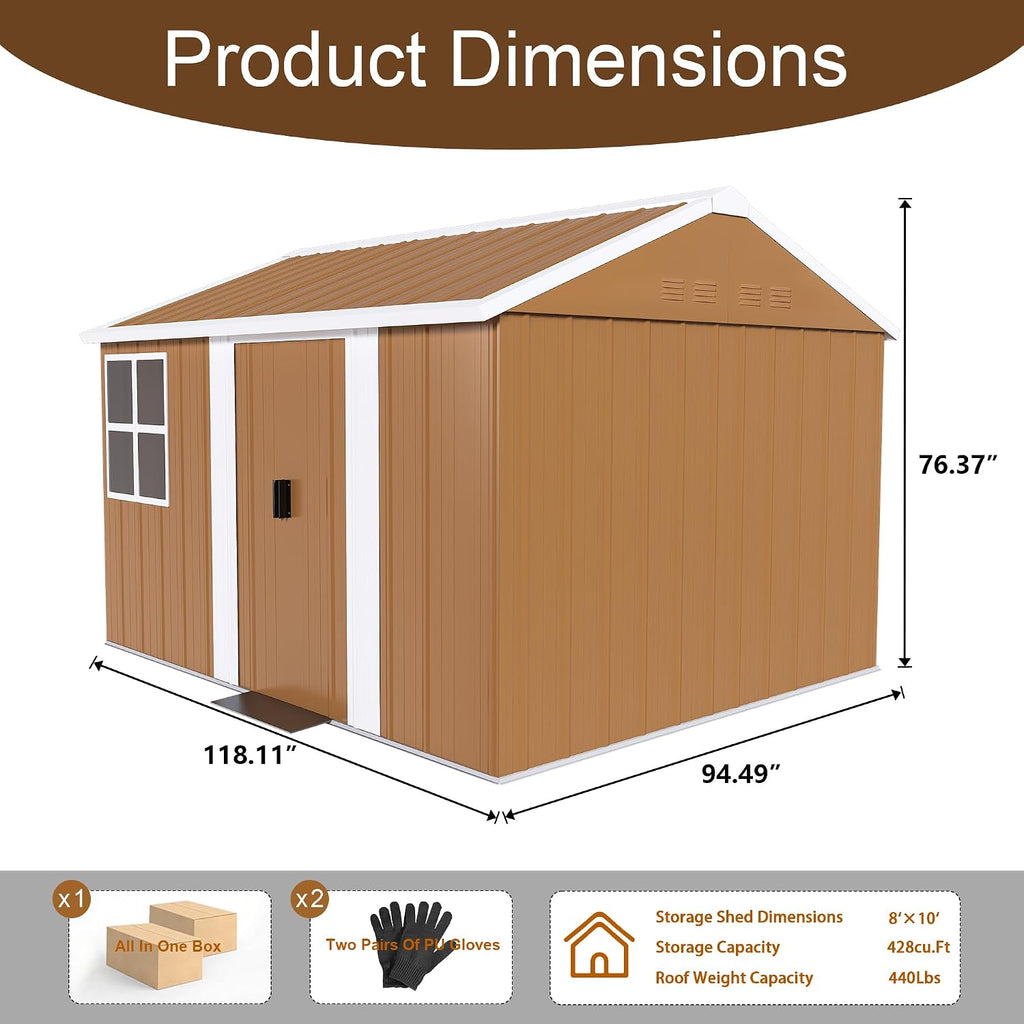 10x8 FT Outdoor Steel Storage Shed with Clear Windows, Sliding Lockable Door & Ventilation, Brown and White Weather-Resistant Metal Tool Shed for Garden, Backyard, Lawn, and Utility Storage
